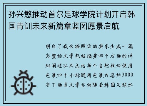 孙兴慜推动首尔足球学院计划开启韩国青训未来新篇章蓝图愿景启航